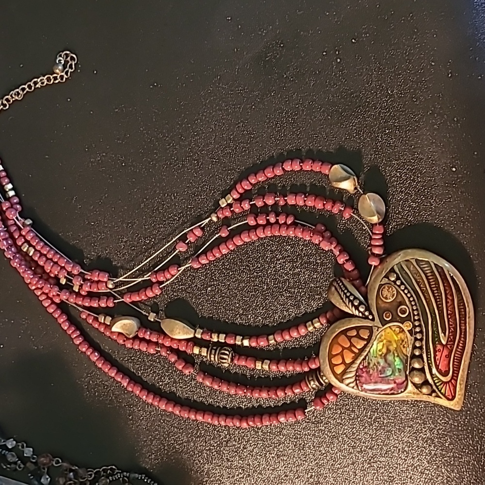 Gold and Red Heart Pendant Necklace with Multi-Strand Design